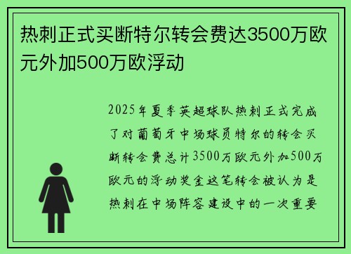 热刺正式买断特尔转会费达3500万欧元外加500万欧浮动