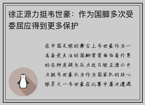 徐正源力挺韦世豪：作为国脚多次受委屈应得到更多保护